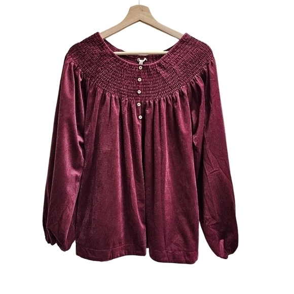 Easel Velvet Burgundy Top with Button Detail, On or Off Shoulder, Size 1X - Picture 1 of 12